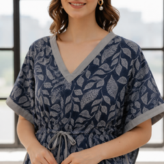 Blue Leaf Print Cotton Kaftan Lounge Wear