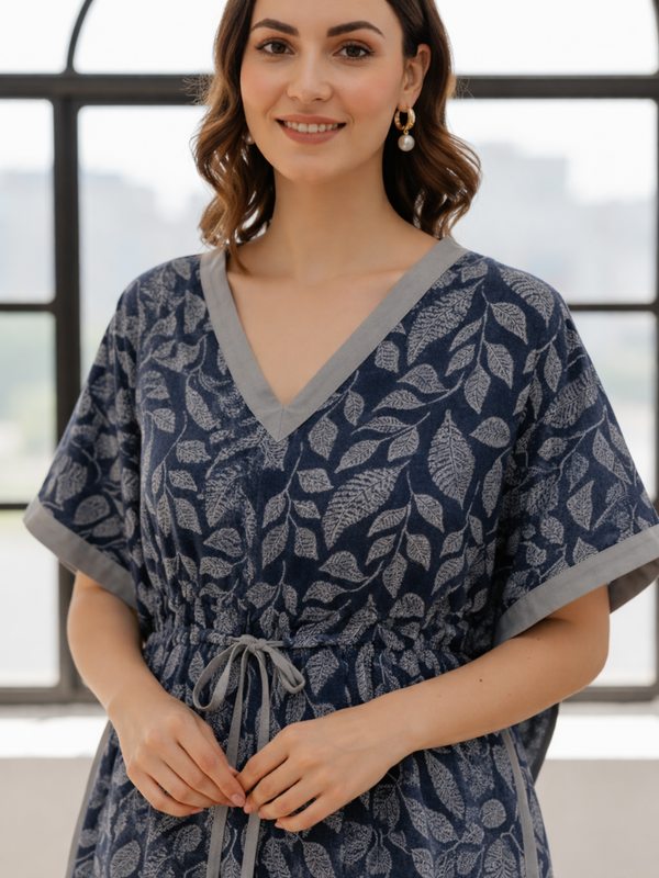 Blue Leaf Print Cotton Kaftan Lounge Wear