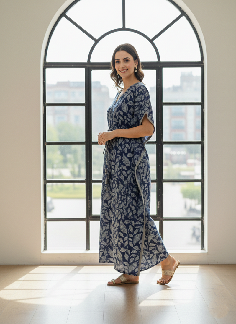 Blue Leaf Print Cotton Kaftan Lounge Wear