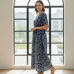Blue Leaf Print Cotton Kaftan Lounge Wear