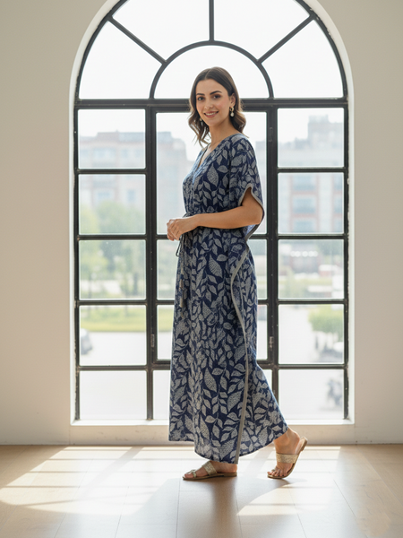 Blue Leaf Print Cotton Kaftan Lounge Wear