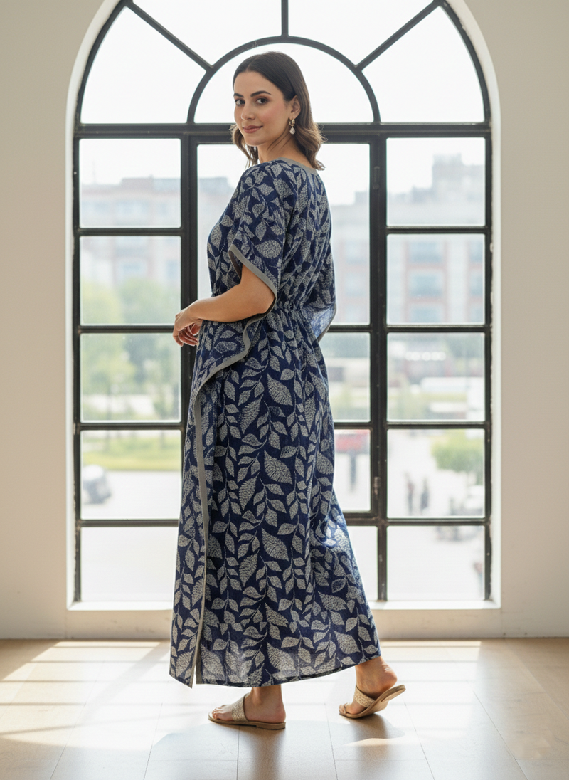 Blue Leaf Print Cotton Kaftan Lounge Wear