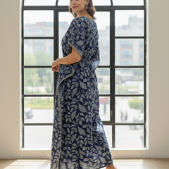 Blue Leaf Print Cotton Kaftan Lounge Wear