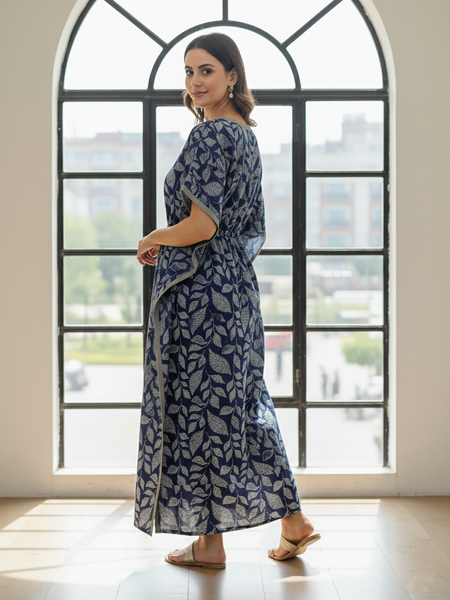 Blue Leaf Print Cotton Kaftan Lounge Wear