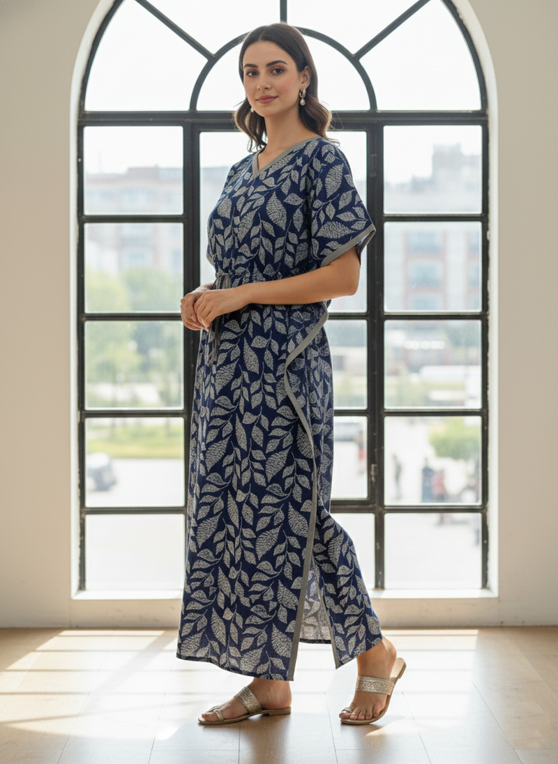 Blue Leaf Print Cotton Kaftan Lounge Wear