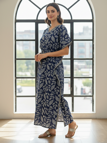 Blue Leaf Print Cotton Kaftan Lounge Wear