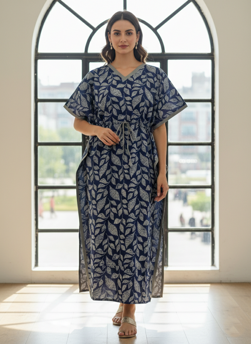 Blue Leaf Print Cotton Kaftan Lounge Wear
