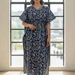 Blue Leaf Print Cotton Kaftan Lounge Wear