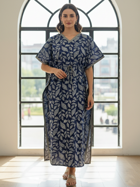 Blue Leaf Print Cotton Kaftan Lounge Wear