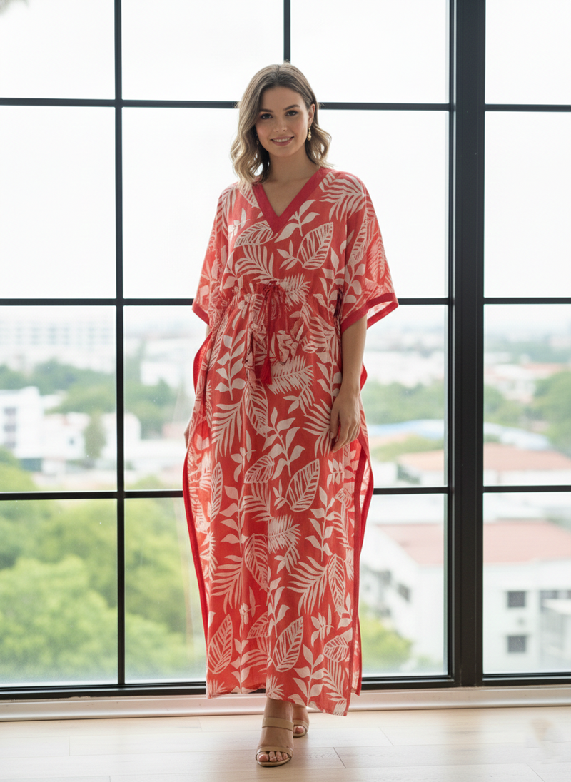 Pink Leaf Print Cotton Kaftan Lounge Wear