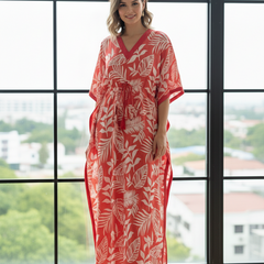 Pink Leaf Print Cotton Kaftan Lounge Wear