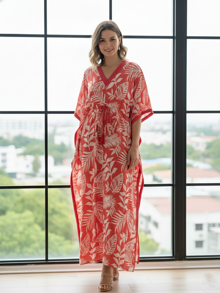 Pink Leaf Print Cotton Kaftan Lounge Wear