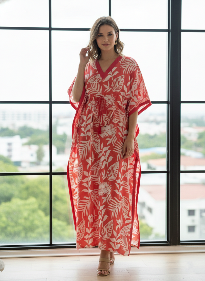 Pink Leaf Print Cotton Kaftan Lounge Wear