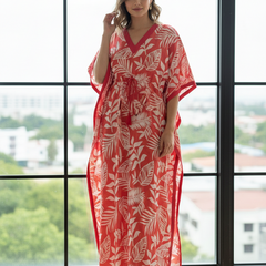 Pink Leaf Print Cotton Kaftan Lounge Wear