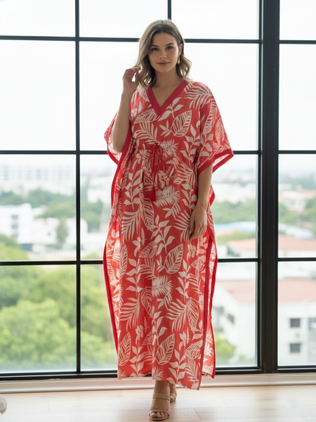 Pink Leaf Print Cotton Kaftan Lounge Wear