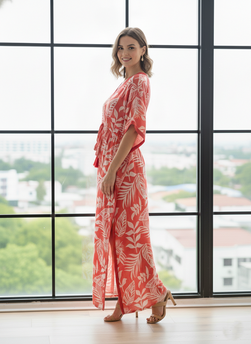 Pink Leaf Print Cotton Kaftan Lounge Wear