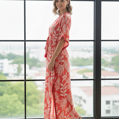Pink Leaf Print Cotton Kaftan Lounge Wear