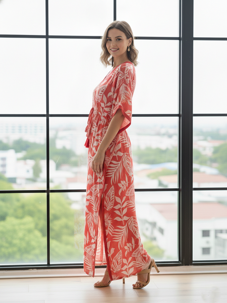 Pink Leaf Print Cotton Kaftan Lounge Wear