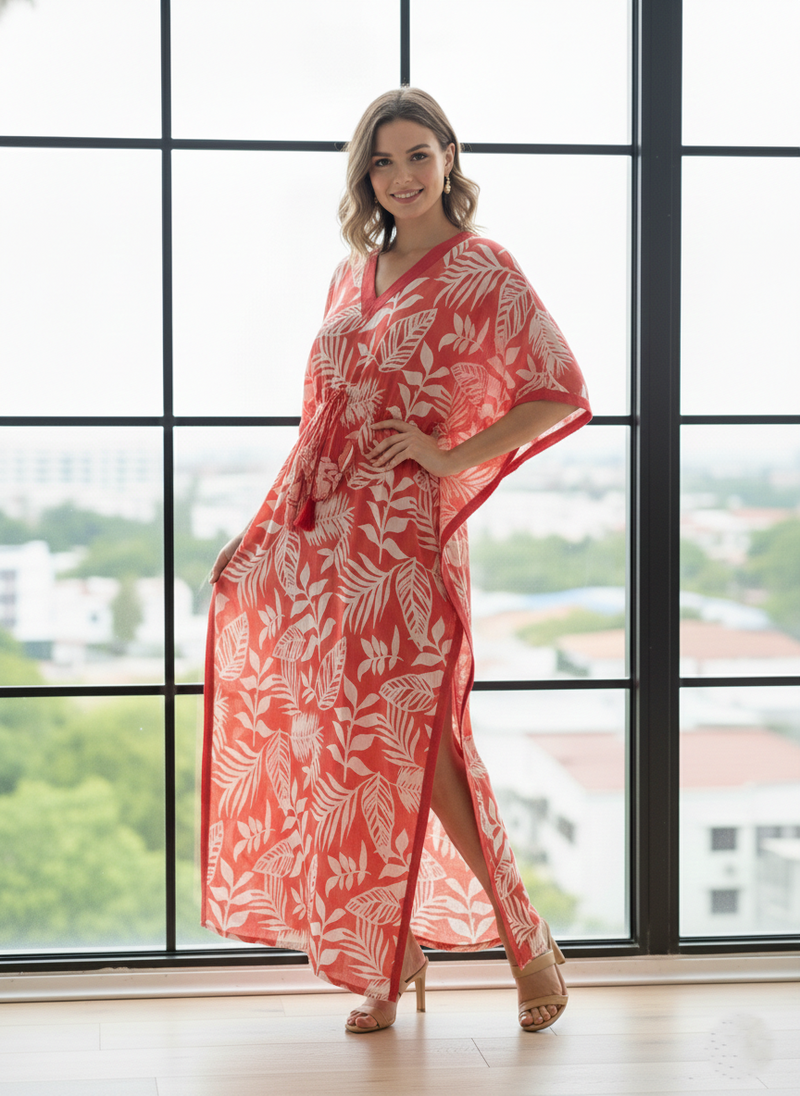 Pink Leaf Print Cotton Kaftan Lounge Wear