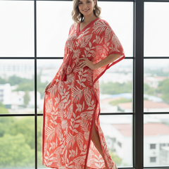 Pink Leaf Print Cotton Kaftan Lounge Wear