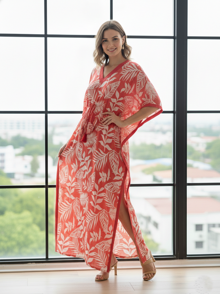 Pink Leaf Print Cotton Kaftan Lounge Wear