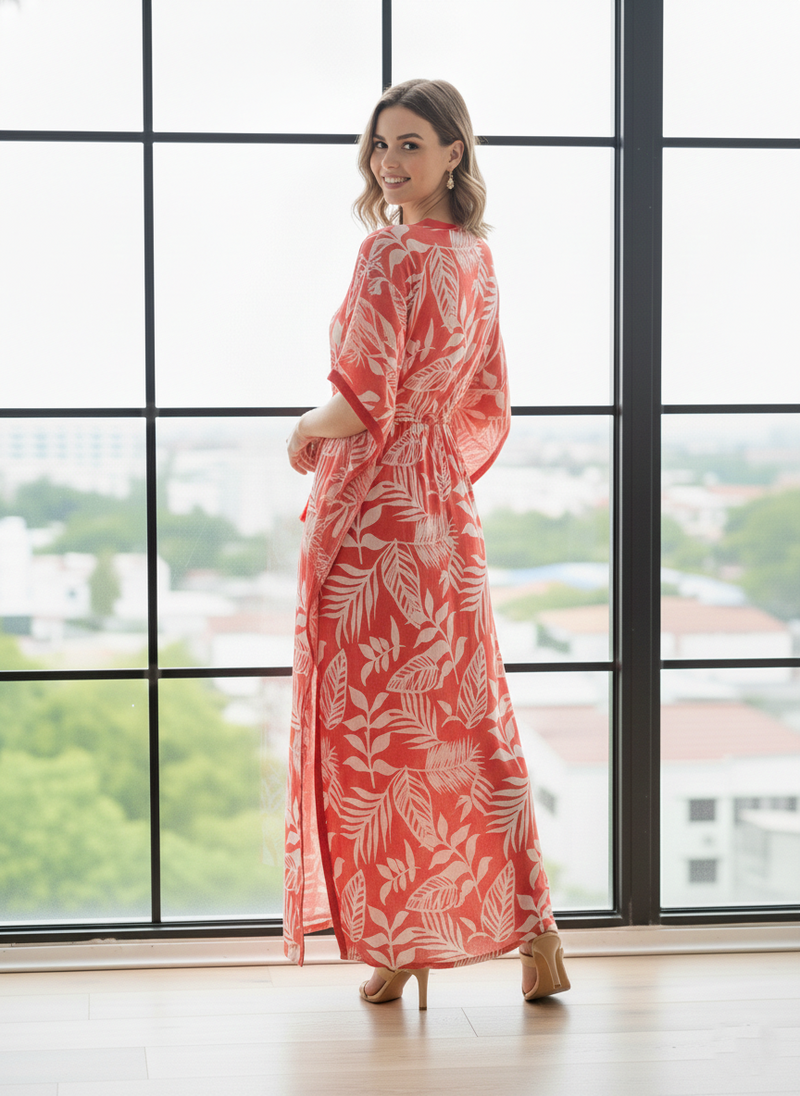 Pink Leaf Print Cotton Kaftan Lounge Wear