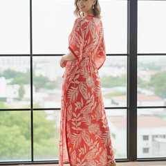 Pink Leaf Print Cotton Kaftan Lounge Wear