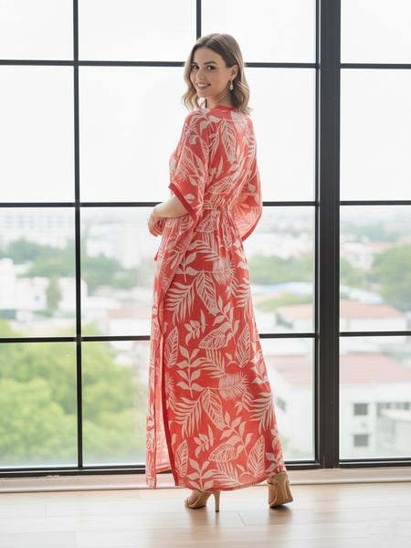 Pink Leaf Print Cotton Kaftan Lounge Wear