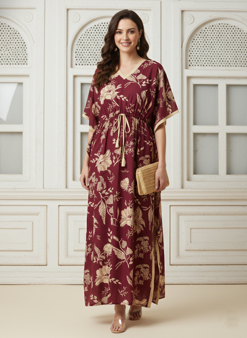Maroon Floral Print Cotton Kaftan Lounge Wear