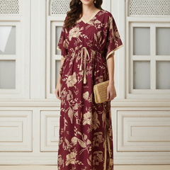 Maroon Floral Print Cotton Kaftan Lounge Wear