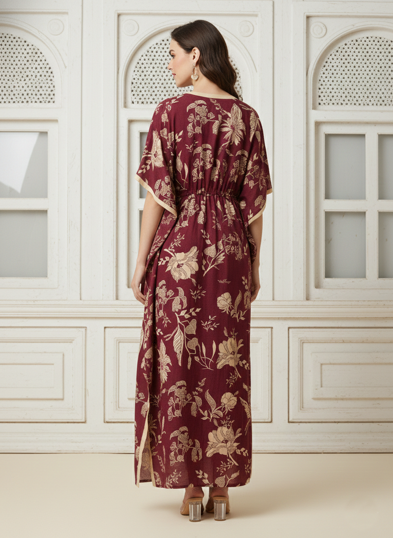 Maroon Floral Print Cotton Kaftan Lounge Wear