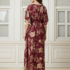 Maroon Floral Print Cotton Kaftan Lounge Wear