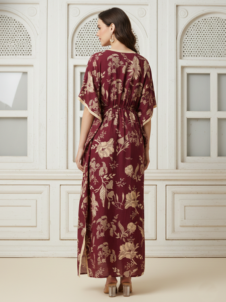 Maroon Floral Print Cotton Kaftan Lounge Wear