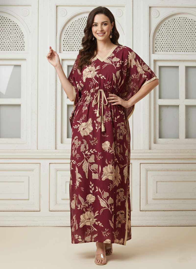 Maroon Floral Print Cotton Kaftan Lounge Wear
