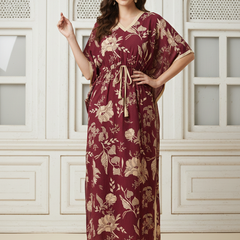 Maroon Floral Print Cotton Kaftan Lounge Wear