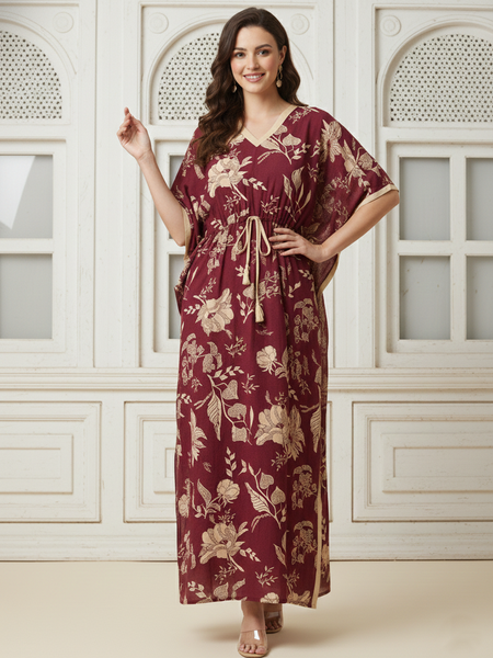Maroon Floral Print Cotton Kaftan Lounge Wear