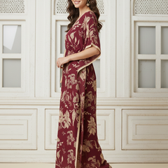 Maroon Floral Print Cotton Kaftan Lounge Wear