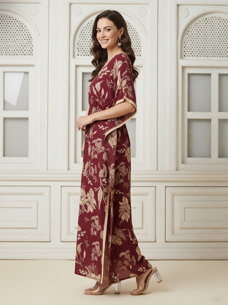 Maroon Floral Print Cotton Kaftan Lounge Wear