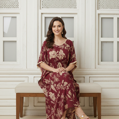 Maroon Floral Print Cotton Kaftan Lounge Wear