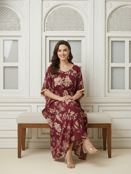 Maroon Floral Print Cotton Kaftan Lounge Wear