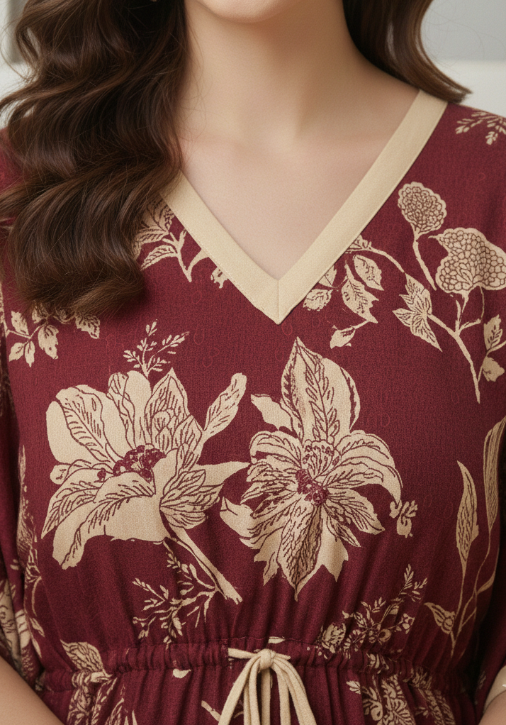 Maroon Floral Print Cotton Kaftan Lounge Wear
