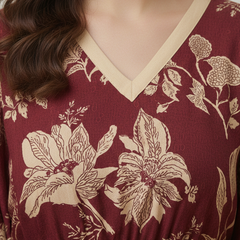 Maroon Floral Print Cotton Kaftan Lounge Wear