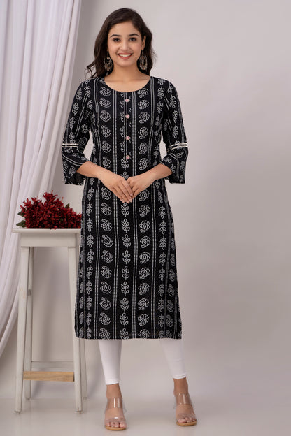 Chic Black Kurti with White Floral Motifs