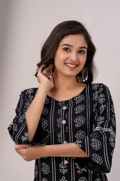 Chic Black Kurti with White Floral Motifs