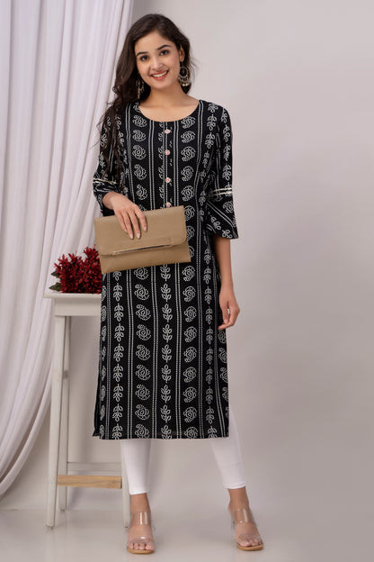 Chic Black Kurti with White Floral Motifs