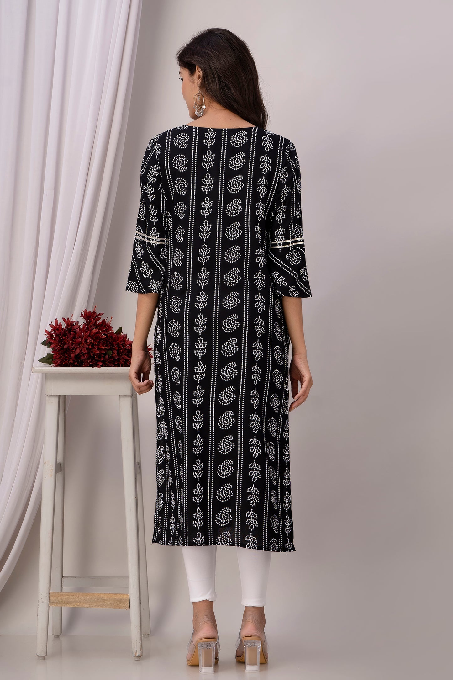 Chic Black Kurti with White Floral Motifs