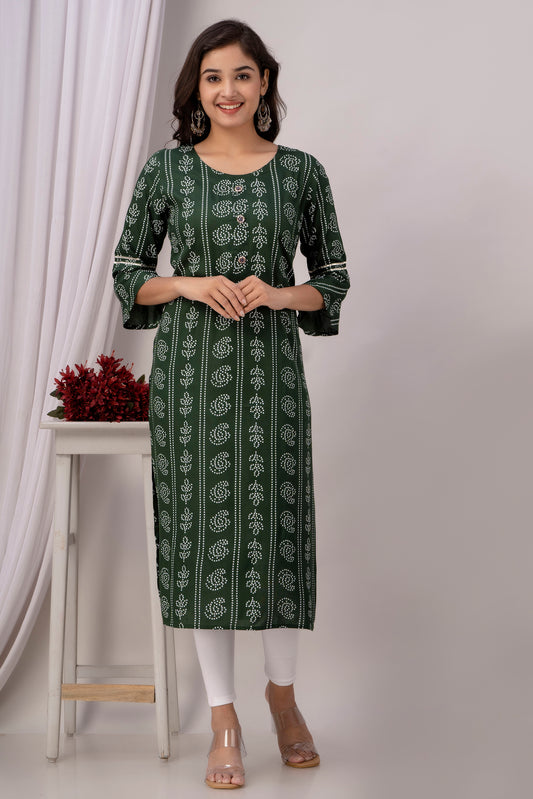 Green Kurti with White Floral Motifs