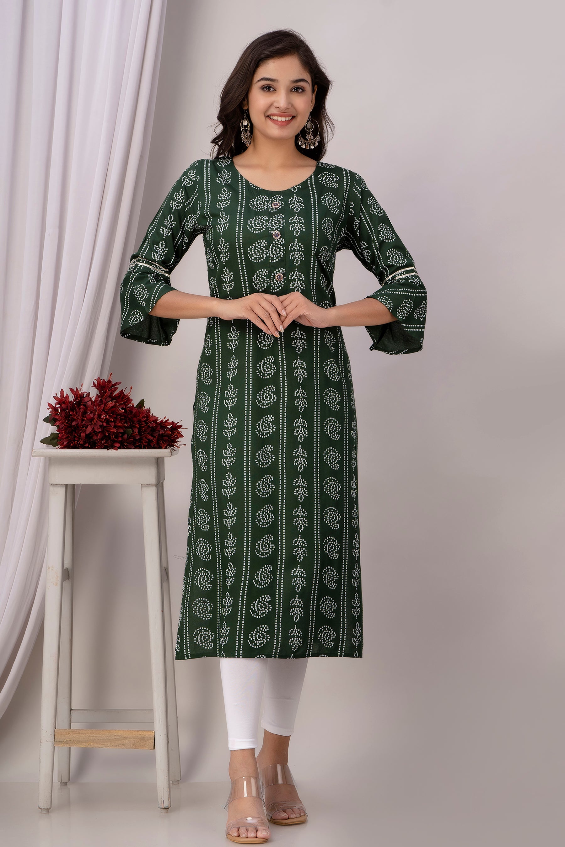 Green Kurti with White Floral Motifs