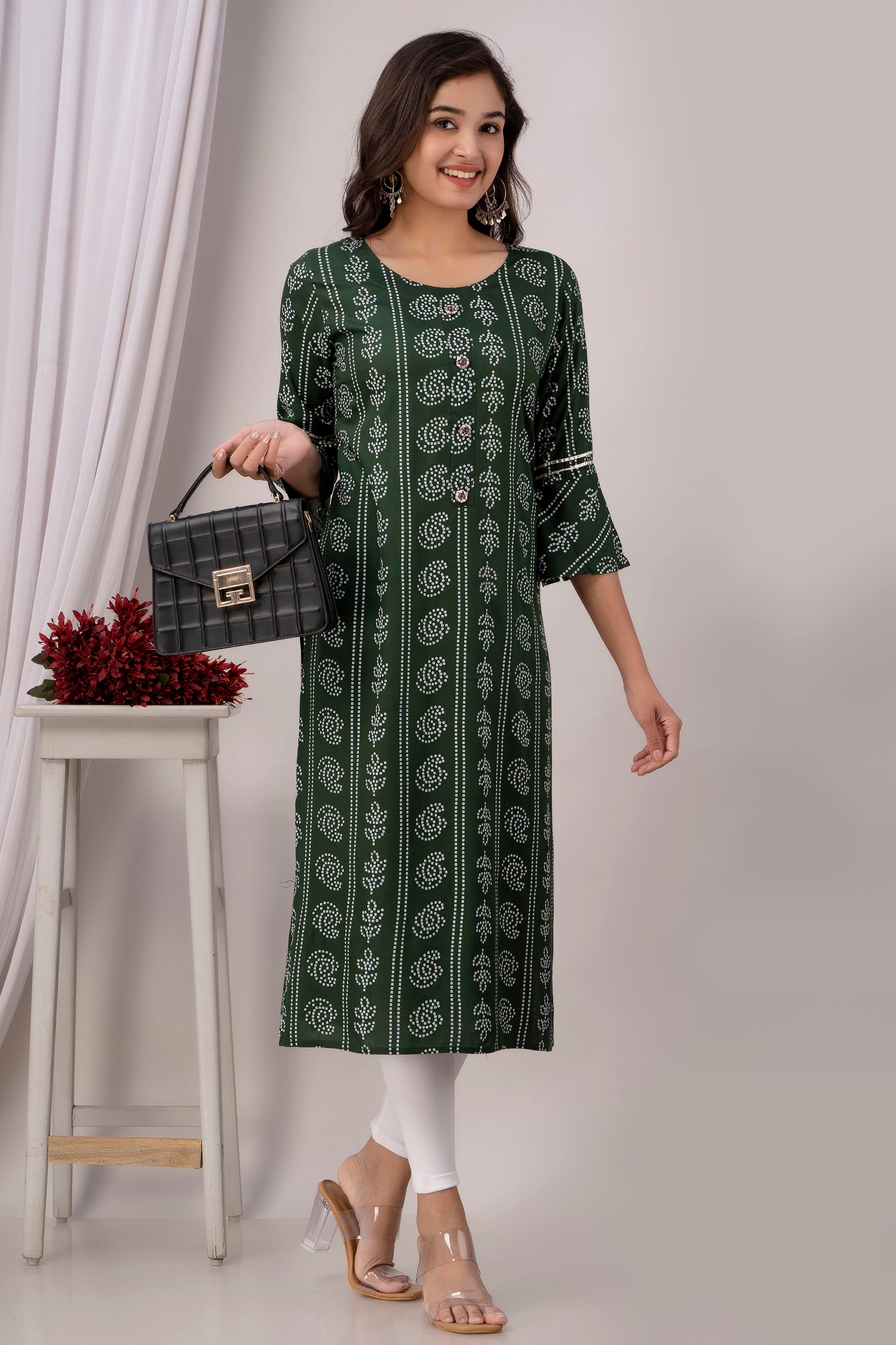 Green Kurti with White Floral Motifs