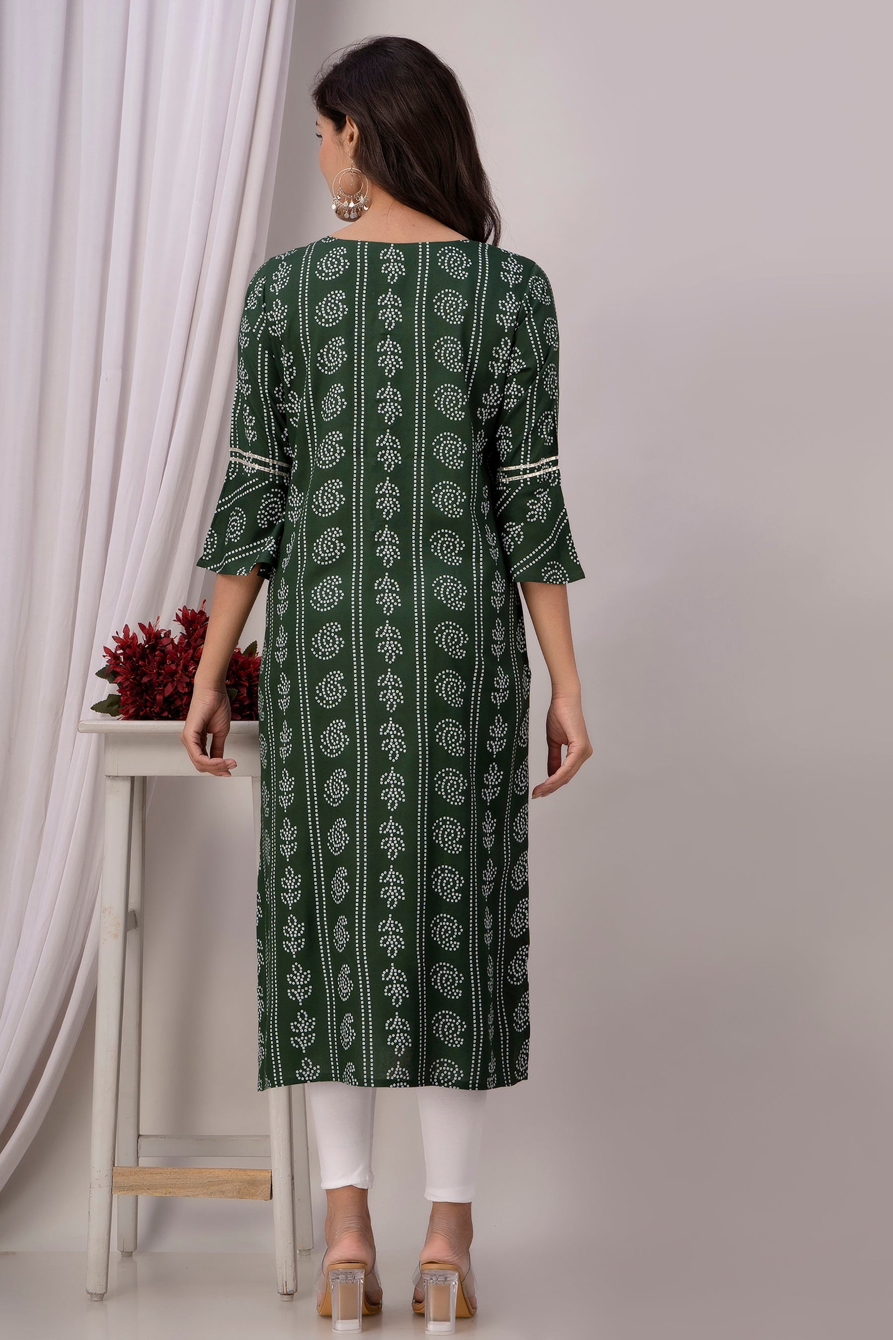 Green Kurti with White Floral Motifs